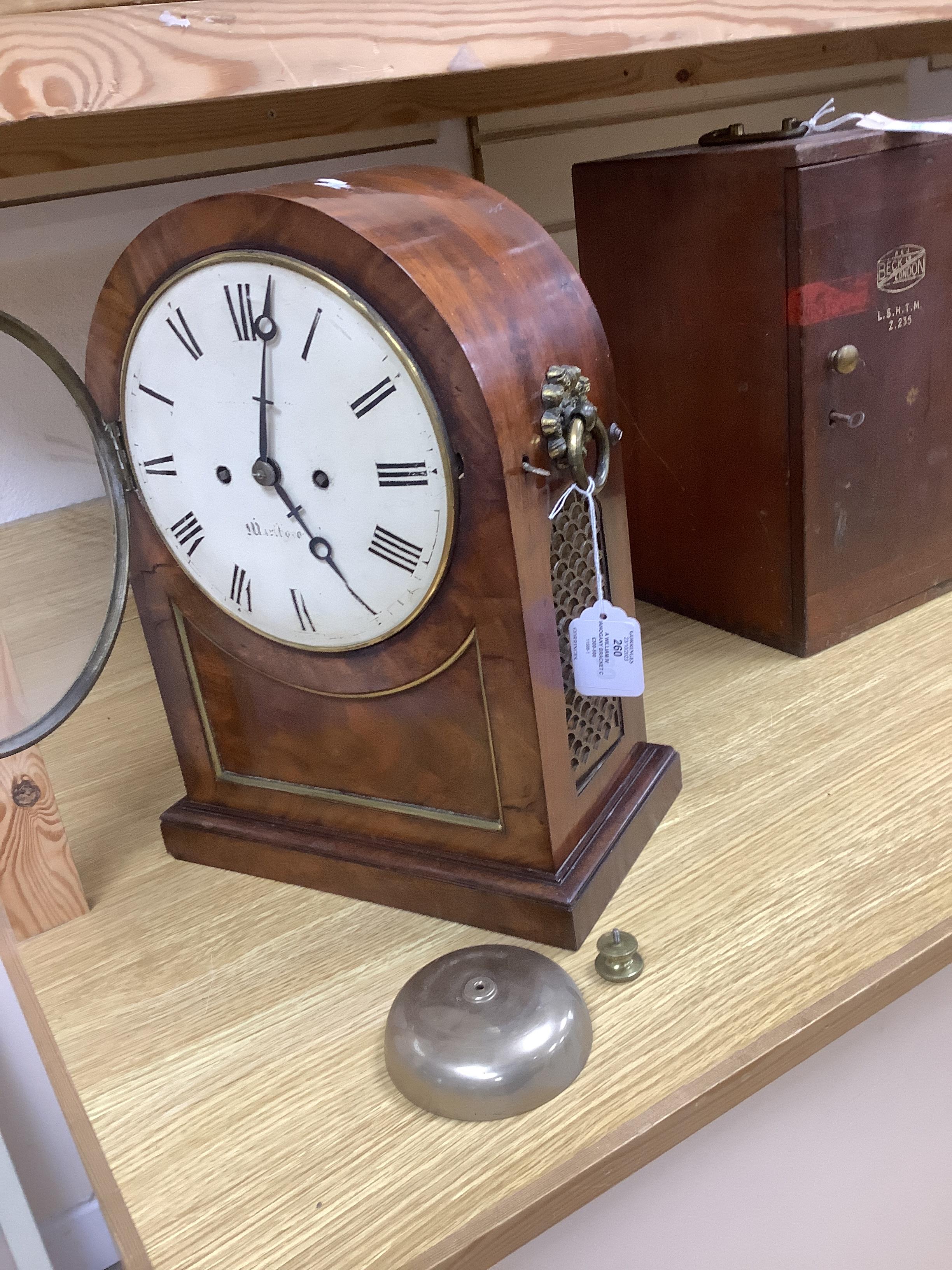 A William IV mahogany bracket clock, striking on a bell, enamel face with painted ‘Marlborough’, 38cm high